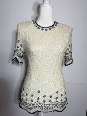 Lawrence Kazar Vintage Silk White Beaded Sequin Short Sleeve Top with Black Trim